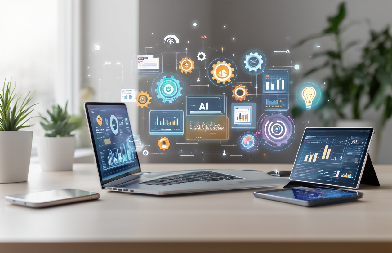 Create a realistic image of a modern office desk with an open laptop displaying colorful AI dashboard interfaces, surrounded by floating holographic icons representing different business tools like gears, charts, lightbulbs, and automation symbols, with a sleek smartphone and tablet nearby showing analytics graphs, set against a clean minimalist background with soft natural lighting streaming in, creating an innovative and transformative business technology atmosphere. Absolutely NO text should be in the scene.