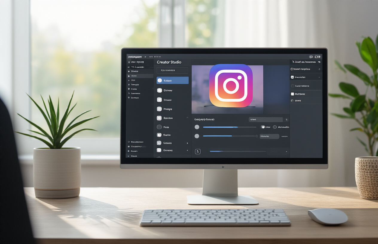 Create a realistic image of a modern computer screen displaying the Instagram Creator Studio interface with branded content tools settings panel open, showing various toggle switches and configuration options, with a clean desktop setup including a wireless mouse and keyboard, soft natural lighting from a window, professional workspace atmosphere with a plant in the background, absolutely NO text should be in the scene.