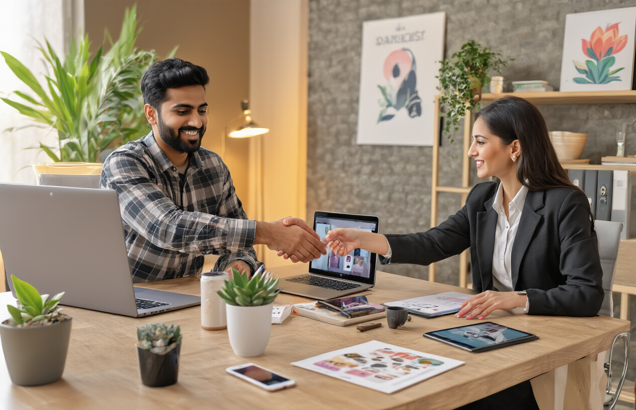Create a realistic image of a professional South Asian male content creator sitting at a modern desk with a laptop, reaching out to shake hands with a well-dressed white female brand representative across the table, with branded products and marketing materials scattered on the desk, smartphones displaying Instagram interface nearby, warm office lighting creating a collaborative business atmosphere, potted plants and motivational artwork in the background suggesting a creative workspace environment, absolutely NO text should be in the scene.