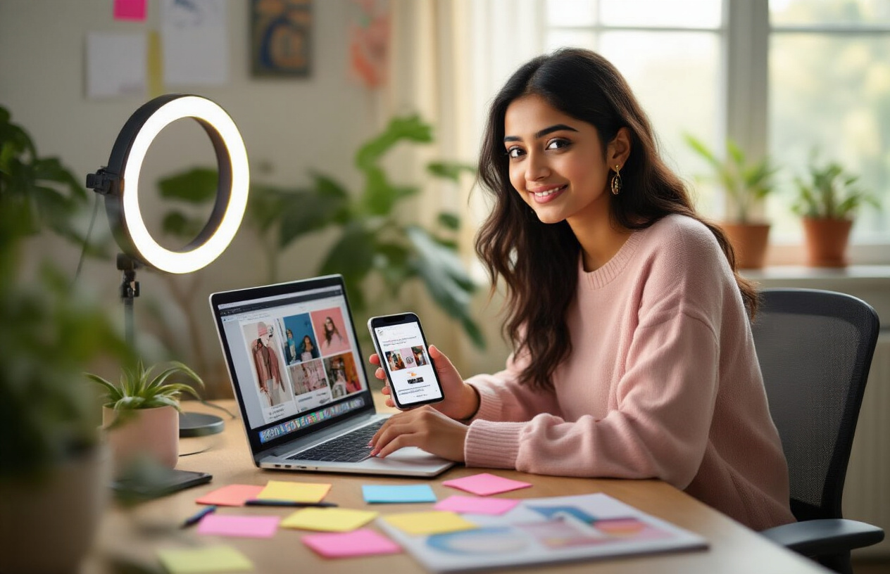 Create a realistic image of a young South Asian female content creator sitting at a modern desk with laptop open showing Instagram interface, smartphone displaying branded content post, colorful sticky notes with strategy planning visible on desk, ring light providing soft illumination, creative workspace background with plants and motivational elements, professional yet cozy atmosphere suggesting content optimization work, warm natural lighting from window, absolutely NO text should be in the scene.