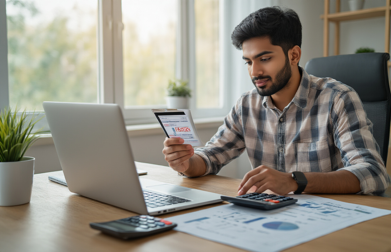 Create a realistic image of a young Indian male influencer sitting at a modern desk with a laptop, calculator, and smartphone displaying Instagram interface, while holding pricing charts and contract documents, with a professional home office background featuring soft natural lighting from a window, creating a focused business atmosphere for content creator negotiations, Absolutely NO text should be in the scene.