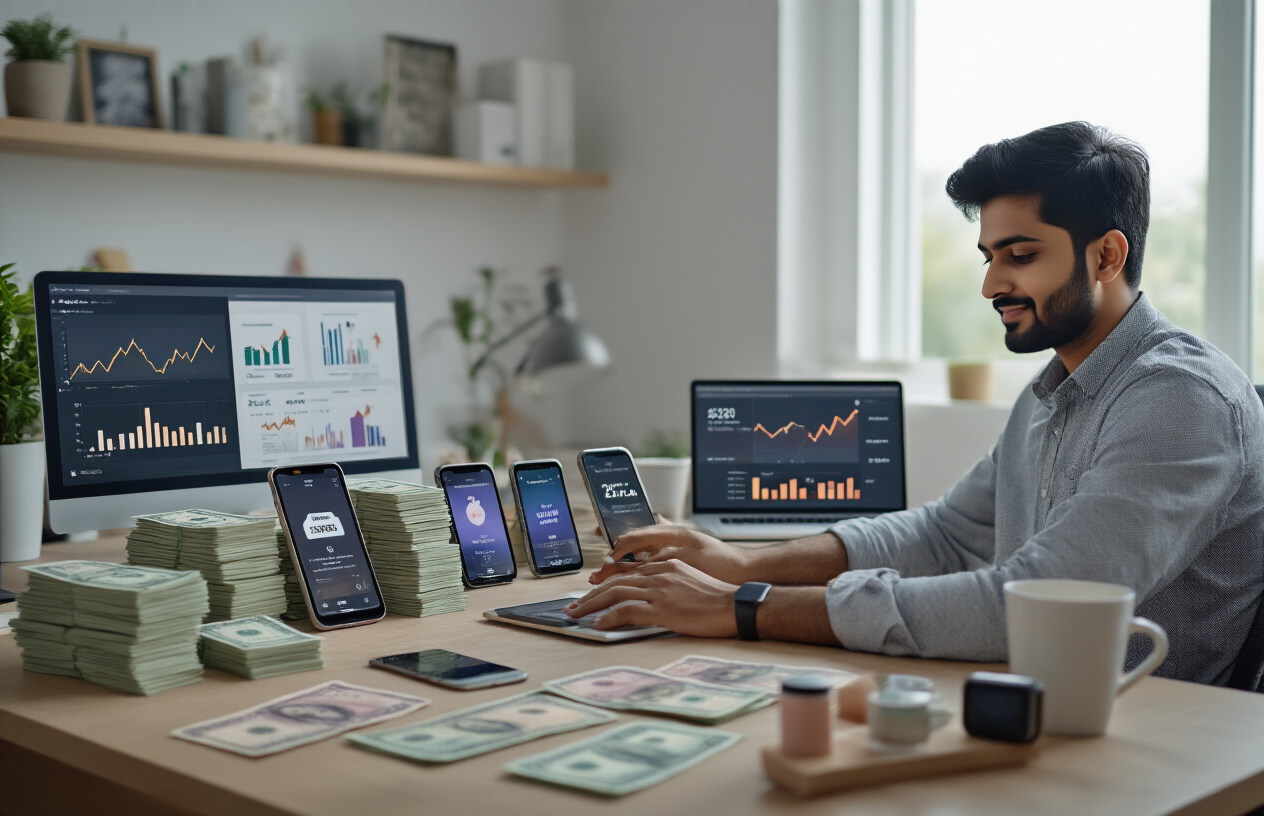 Create a realistic image of a South Asian male content creator sitting at a modern desk with multiple smartphones displaying Instagram interface, stacks of Indian rupee currency notes (₹500 and ₹2000 denominations) arranged neatly on the desk, a laptop showing analytics graphs with upward trending arrows, branded products like cosmetics and gadgets placed strategically around the workspace, soft natural lighting from a window creating a professional atmosphere, clean minimalist background with white walls, the person wearing casual business attire and looking confident while working on content creation, absolutely NO text should be in the scene.