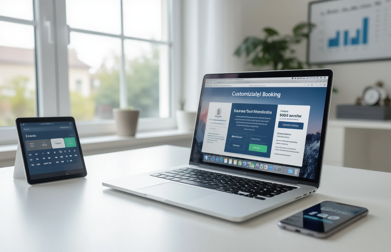 Create a realistic image of a modern laptop computer displaying a customizable booking page interface with conversion optimization elements like testimonials section, pricing options, and call-to-action buttons, positioned on a clean white desk with a smartphone showing Google Calendar app beside it, soft natural lighting from a window, professional office environment with subtle business charts and analytics graphs visible in the blurred background, absolutely NO text should be in the scene.