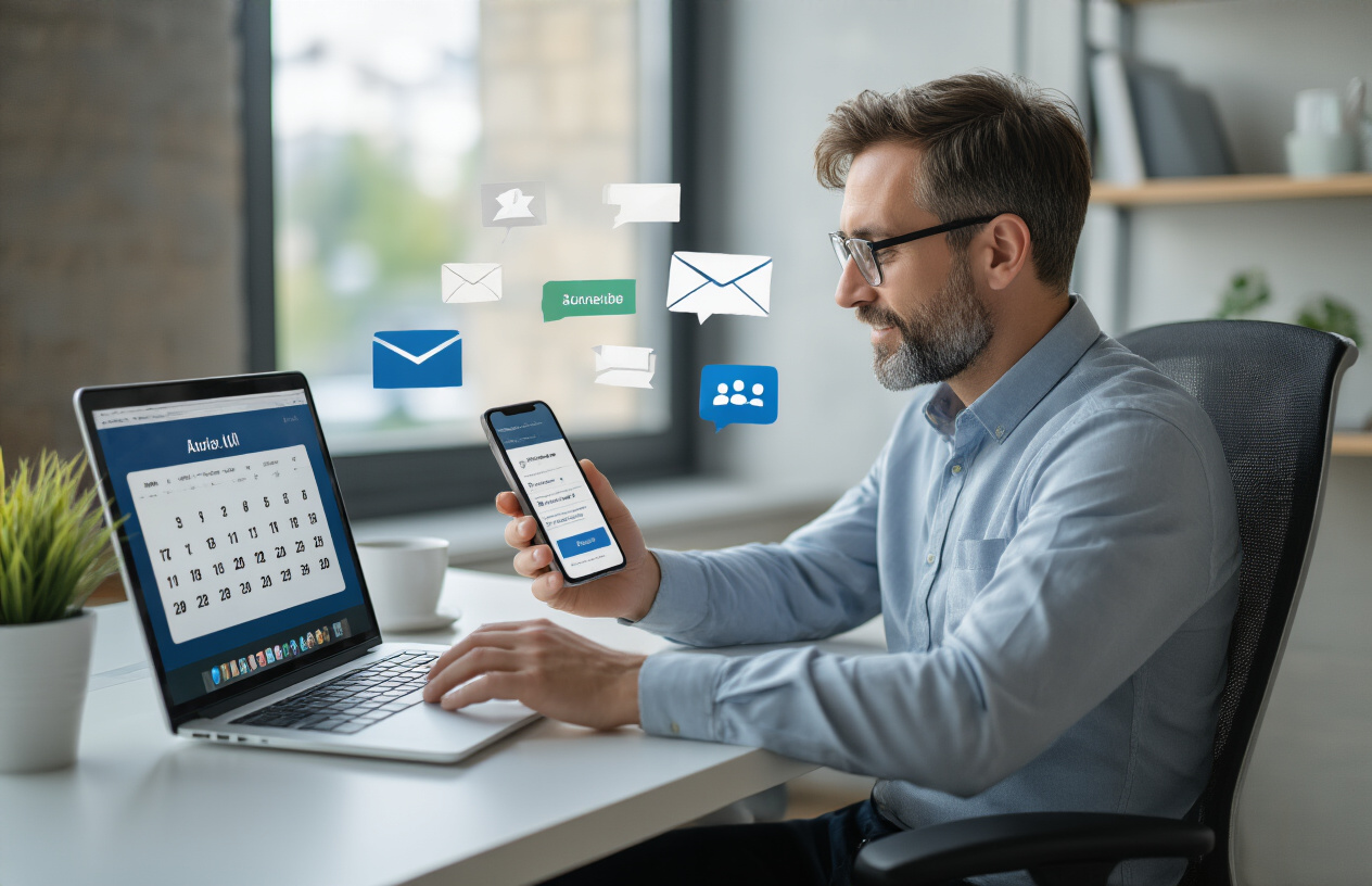 Create a realistic image of a white male professional in business casual attire sitting at a modern desk with a laptop computer open, showing a calendar interface on the screen, while holding a smartphone displaying a booking link being shared via messaging app, with multiple communication icons floating subtly around the devices representing different sharing methods like email and social media, set in a bright contemporary office environment with natural lighting from a window, conveying efficiency and connectivity in appointment scheduling, absolutely NO text should be in the scene.