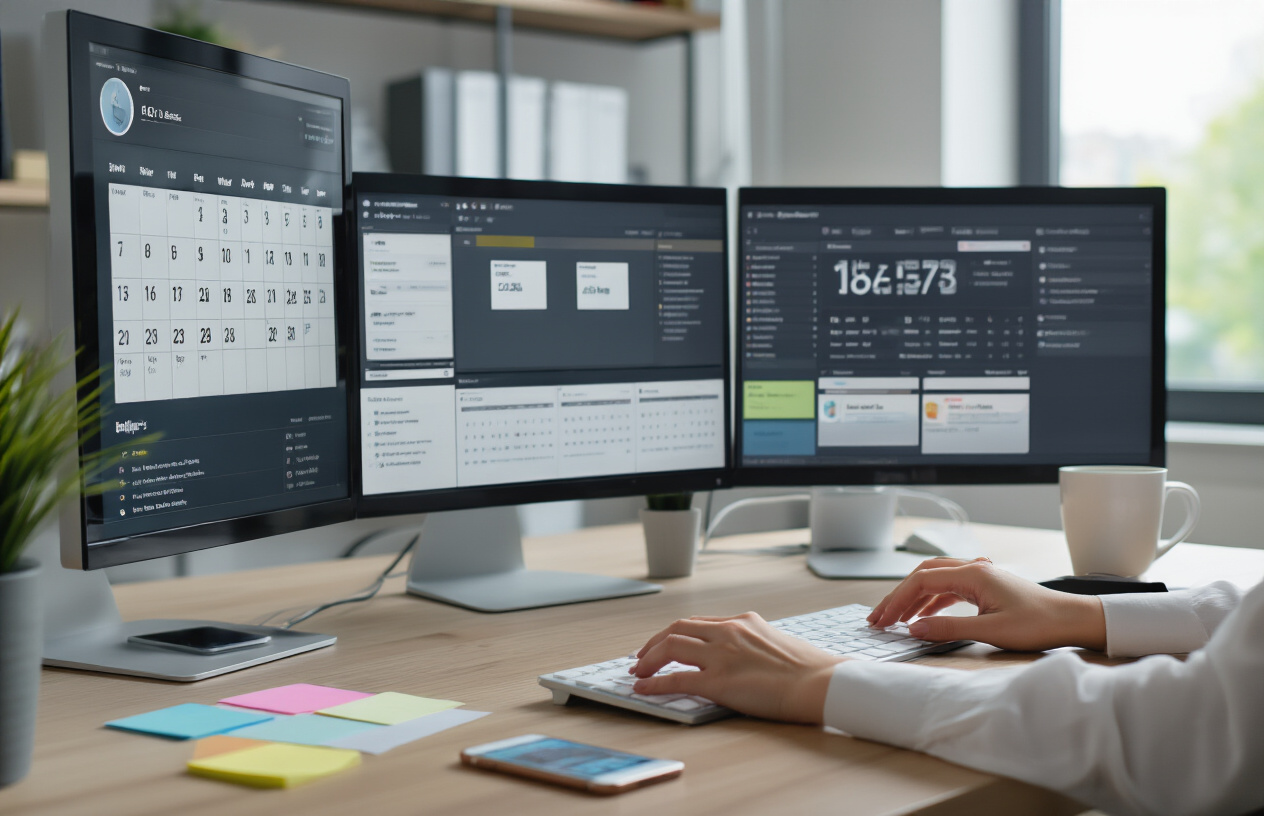 Create a realistic image of a professional white female office worker at a modern desk with multiple computer monitors displaying calendar interfaces and appointment notifications, her hands positioned over a keyboard as she manages scheduling requests, with organized sticky notes and a smartphone nearby showing calendar apps, set in a clean contemporary office environment with soft natural lighting from a window, conveying efficiency and professional competence in appointment management, absolutely NO text should be in the scene.