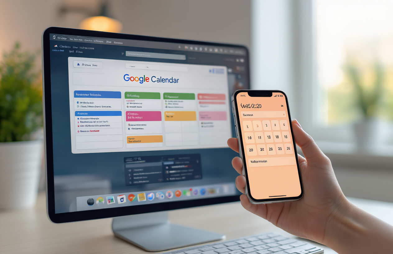 Create a realistic image of a close-up view of a computer screen displaying Google Calendar interface with various colorful appointment slots and settings panels visible, a white female hand holding a smartphone showing calendar notifications, modern desk setup with a clean workspace, soft natural lighting from a window, professional office environment with blurred background, warm and organized atmosphere suggesting efficiency and client service optimization, absolutely NO text should be in the scene.