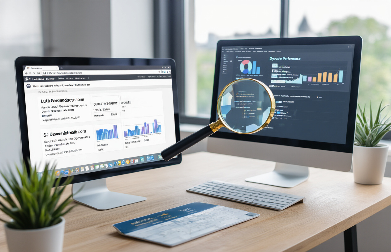 Create a realistic image of a computer screen displaying a web browser with multiple URL address bars showing different dynamic URLs with parameters and query strings, alongside a magnifying glass hovering over the URLs to symbolize analysis, with SEO performance charts and graphs visible in the background on additional browser tabs, set in a modern office environment with soft natural lighting from a window, creating a professional and analytical mood. Absolutely NO text should be in the scene.