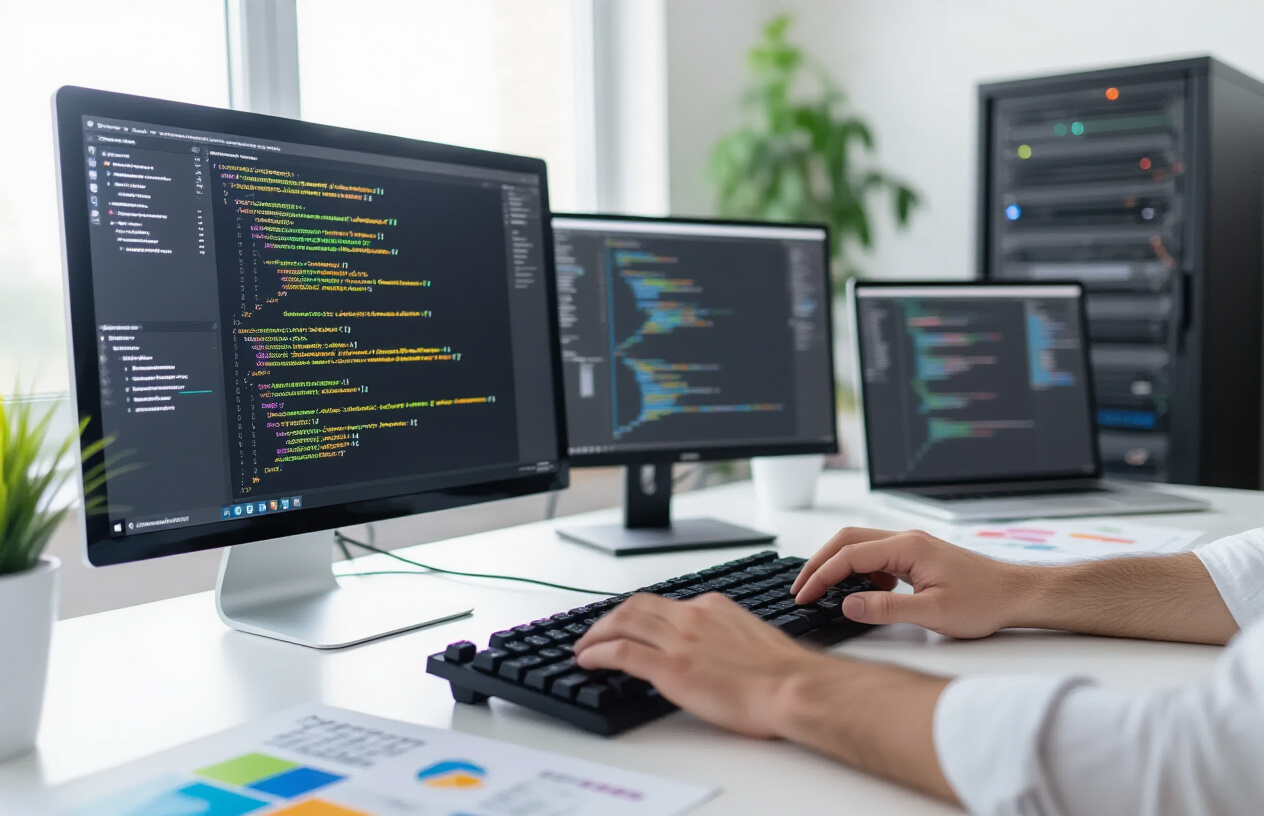 Create a realistic image of a modern office workspace showing a computer monitor displaying website code optimization, with colorful lines of HTML and CSS code visible on screen, technical diagrams and flowcharts scattered on the desk, a white male developer's hands typing on a mechanical keyboard, server rack equipment blurred in the background, clean white desk surface, bright natural lighting from a window, professional tech environment atmosphere, multiple browser tabs open showing URL structures, absolutely NO text should be in the scene.