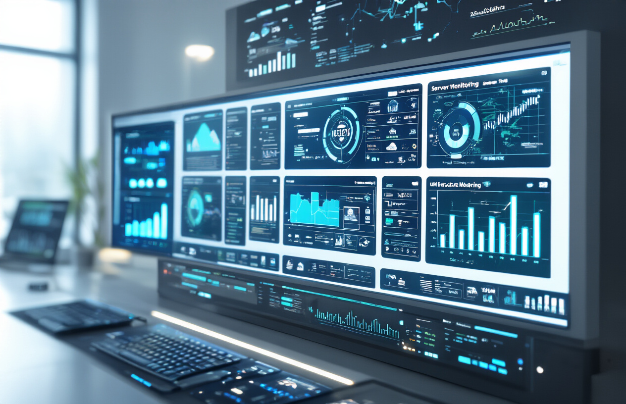 Create a realistic image of a sophisticated digital control panel with multiple screens displaying web crawling analytics, server monitoring dashboards, and URL structure diagrams, featuring advanced technical interfaces with blue and green data visualizations, network topology maps, and crawling progress indicators in a modern tech environment with soft ambient lighting and clean professional atmosphere, absolutely NO text should be in the scene.