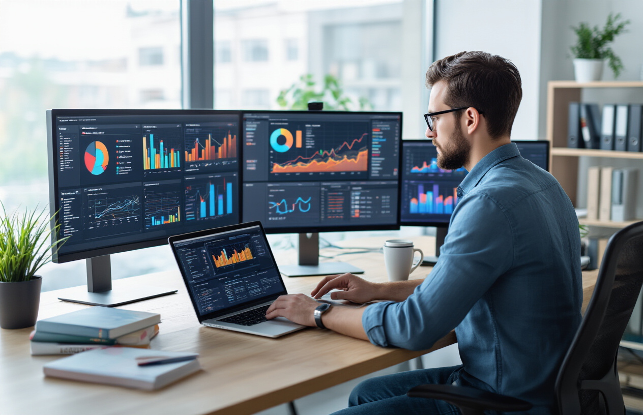 Create a realistic image of a modern office workspace with multiple computer monitors displaying colorful analytics dashboards, charts, and graphs showing website performance metrics, with a white male web developer in business casual attire analyzing data on his laptop, surrounded by programming reference books and coffee cups, set against a clean minimalist office background with natural lighting from large windows, conveying a focused and professional technical analysis atmosphere, absolutely NO text should be in the scene.