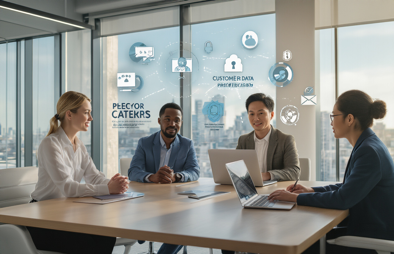Create a realistic image of a diverse group of business professionals - including a white female, black male, and Asian female - sitting around a modern conference table with laptops and digital devices, engaging in a trust-building discussion about customer data protection, with privacy icons and security symbols subtly displayed on their screens, set in a bright, contemporary office environment with large windows showing city views, conveying professionalism and transparency through warm lighting and open body language, absolutely NO text should be in the scene.