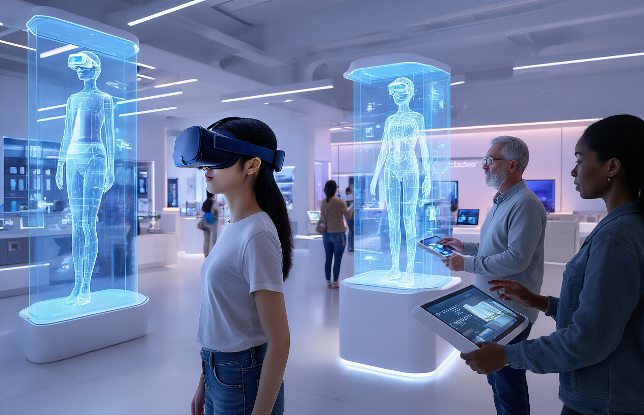Create a realistic image of a modern retail showroom where a diverse group of customers are experiencing immersive digital technologies, including a young Asian female wearing VR goggles examining a holographic product display, a middle-aged white male interacting with an augmented reality interface projected in mid-air, and a black female using a touchscreen kiosk with 3D product visualization, surrounded by sleek digital displays, interactive screens, and futuristic lighting that creates an engaging high-tech atmosphere, with clean modern architecture and ambient blue and purple lighting that emphasizes the cutting-edge technology experience, absolutely NO text should be in the scene.