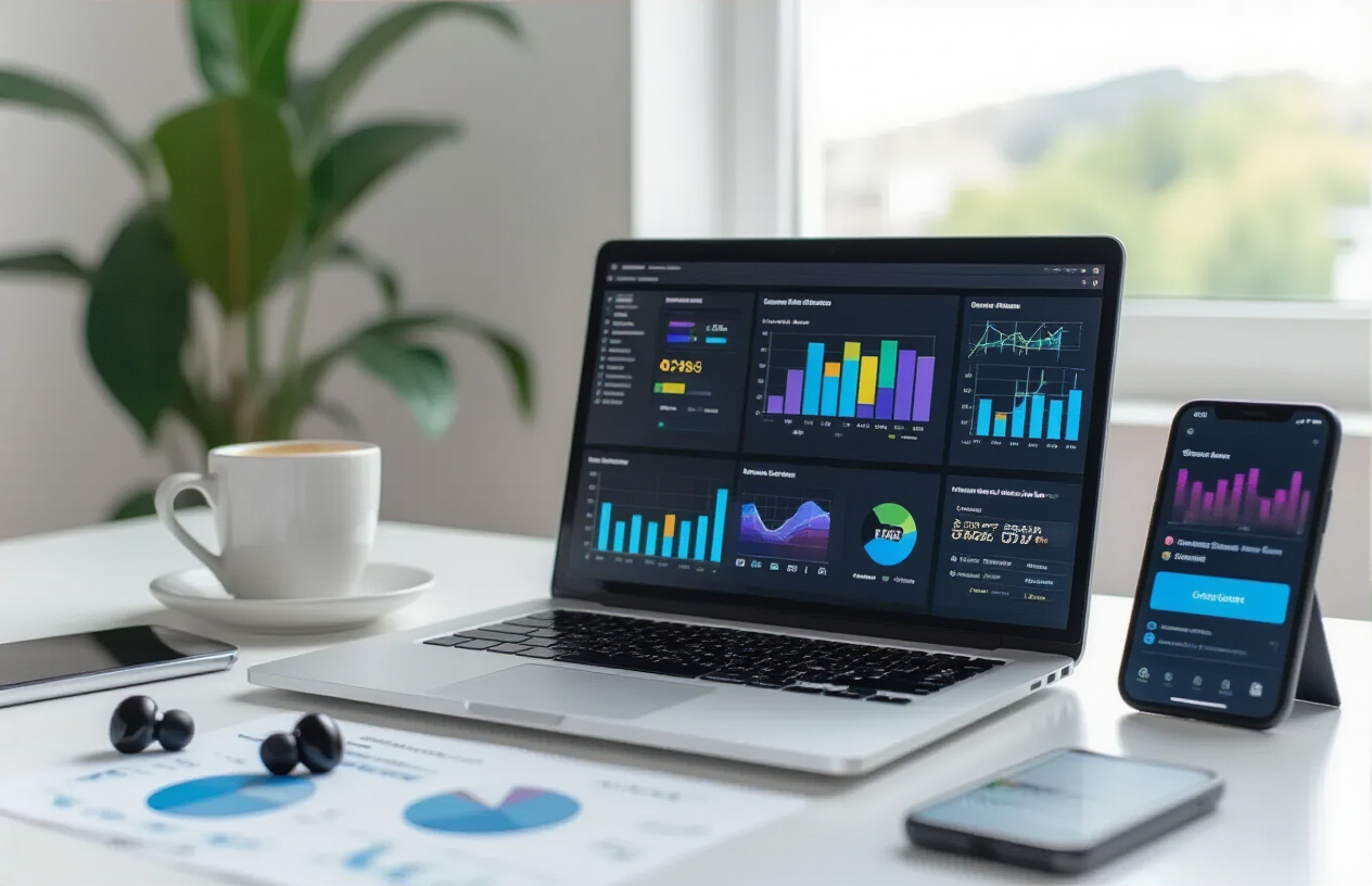 Create a realistic image of a modern office workspace with a sleek laptop displaying colorful analytics dashboards and graphs on the screen, surrounded by contemporary digital marketing elements including a smartphone showing social media notifications, a tablet with email marketing interface, wireless earbuds, a minimalist coffee cup, and scattered business charts, all arranged on a clean white desk with soft natural lighting from a nearby window, conveying a professional and forward-thinking atmosphere of digital marketing success and innovation, absolutely NO text should be in the scene.