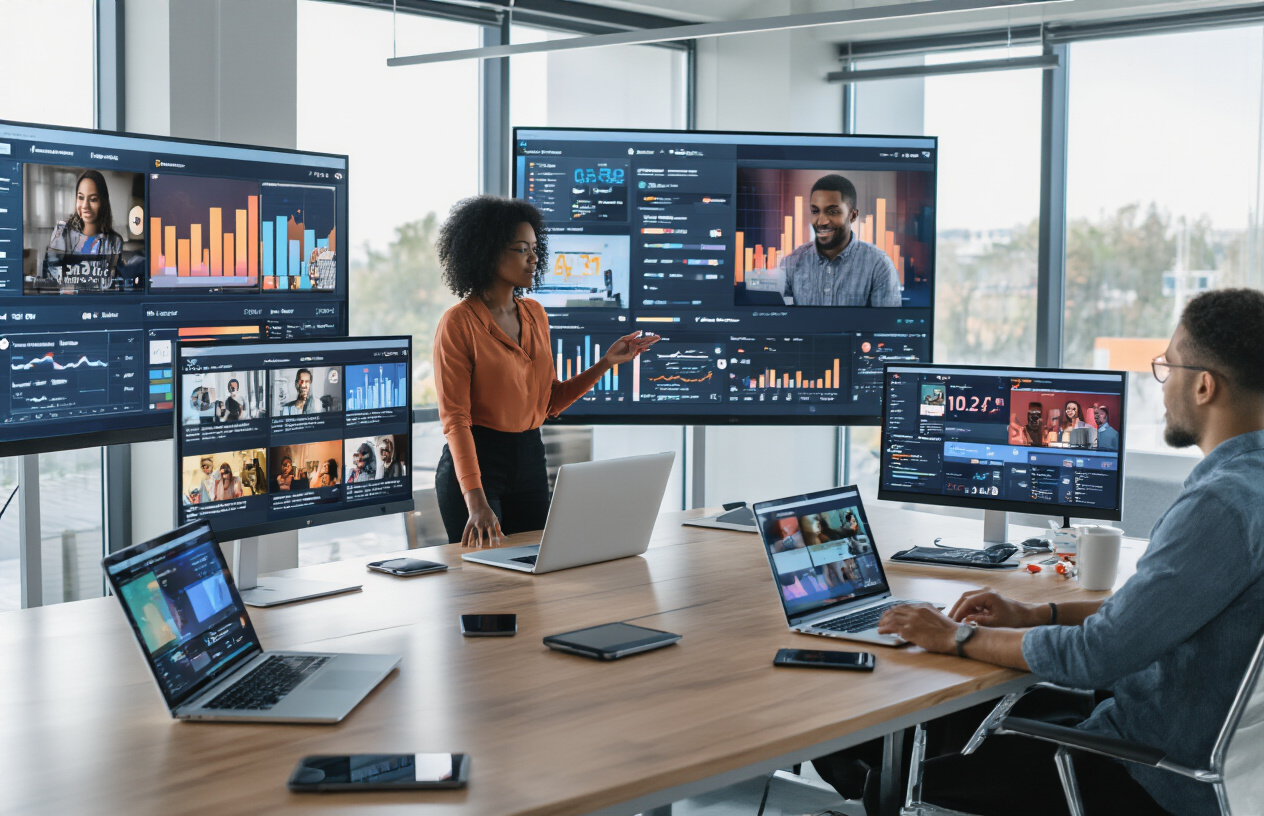 Create a realistic image of a modern digital marketing workspace with multiple screens displaying video content analytics, engagement metrics, and social media platforms, featuring a diverse group of marketing professionals including a black female and white male collaborating around a sleek conference table with laptops, tablets, and smartphones showing various video thumbnails and play buttons, set in a contemporary office with large windows providing natural lighting, wall-mounted monitors displaying colorful graphs and charts about video performance, with a professional yet dynamic atmosphere suggesting strategic planning and content creation activities, absolutely NO text should be in the scene.