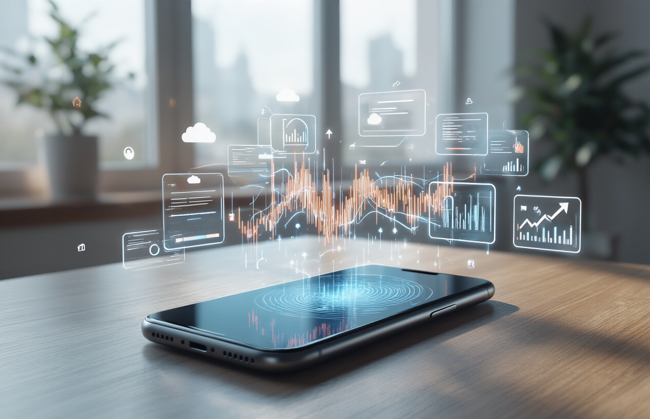 Create a realistic image of a modern smartphone sitting on a sleek desk with sound waves or audio visualizations emanating from it, surrounded by floating holographic icons representing search results and web traffic analytics, with a clean contemporary office background featuring soft natural lighting from a window, and upward-trending arrow graphics subtly integrated into the composition to symbolize organic traffic growth, absolutely NO text should be in the scene.