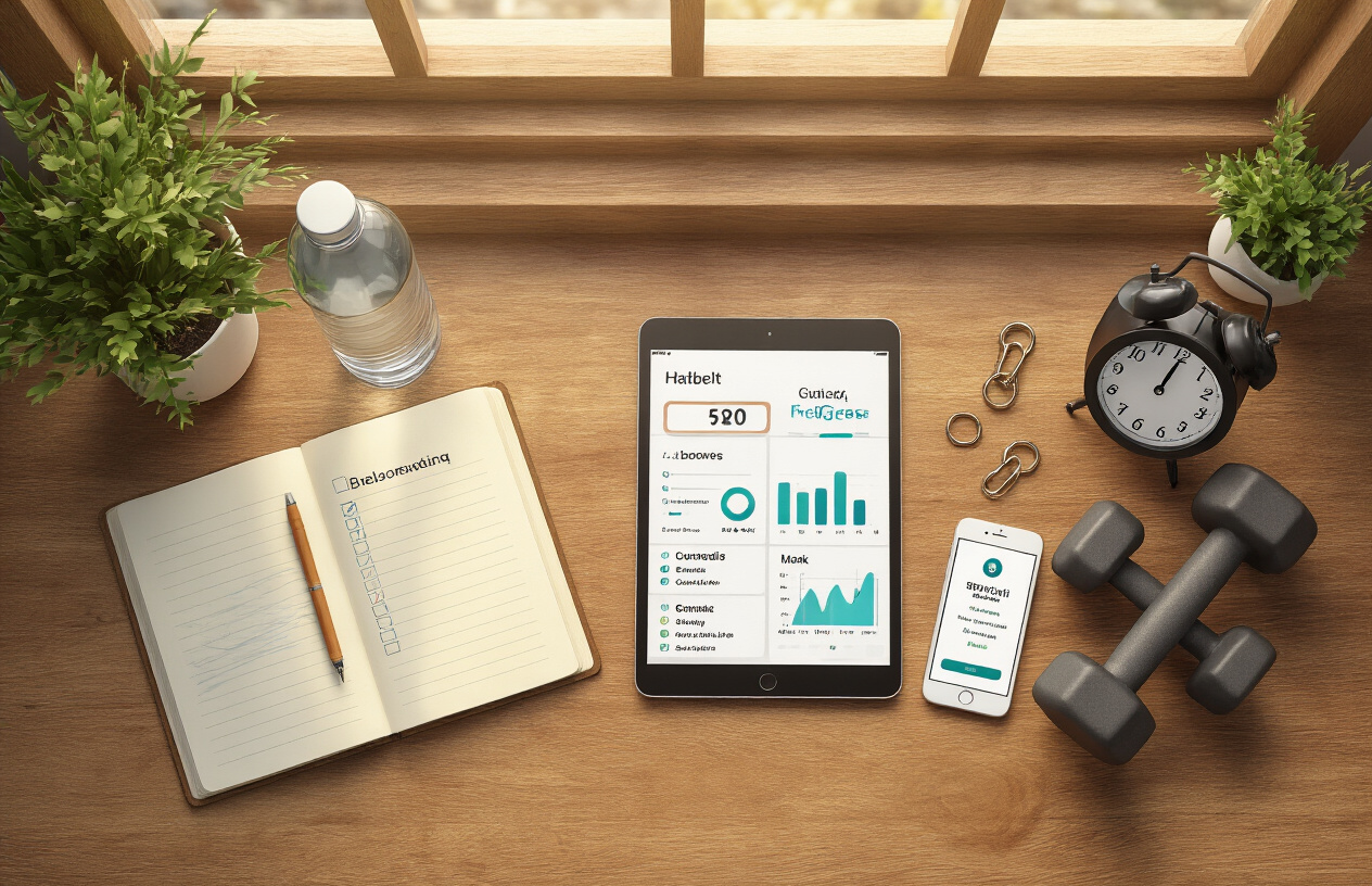 Create a realistic image of a wooden desk from above showing daily habit-tracking tools including a journal with checkboxes, a digital tablet displaying progress charts, a smartphone with a habit app, a water bottle, dumbbells, and a clock showing early morning time, all arranged neatly on the desk surface with warm natural lighting from a window, creating a motivational and organized atmosphere that represents consistent daily practices building toward success, absolutely NO text should be in the scene.