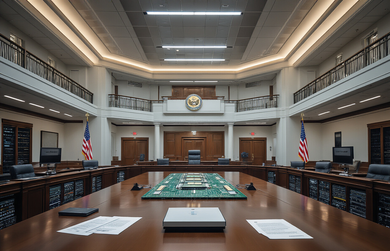 Create a realistic image of a modern government building or congressional chamber with sleek architecture, featuring semiconductor microchips, computer servers, and AI infrastructure equipment arranged on a polished conference table, with official documents and policy papers scattered around, soft professional lighting illuminating the scene, conveying a sense of technological advancement and legislative progress, with an American flag subtly visible in the background, absolutely NO text should be in the scene.