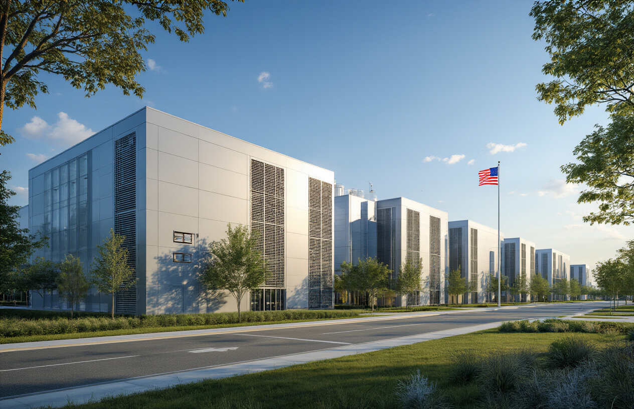 Create a realistic image of a modern data center facility exterior with multiple server buildings featuring contemporary architecture, large ventilation systems, and cooling units, set against a professional corporate campus environment with an American flag visible in the background, clear blue sky, well-maintained landscaping, and subtle government or regulatory symbols like official seals or emblems integrated into the building design, conveying a sense of technological advancement and federal compliance. Absolutely NO text should be in the scene.
