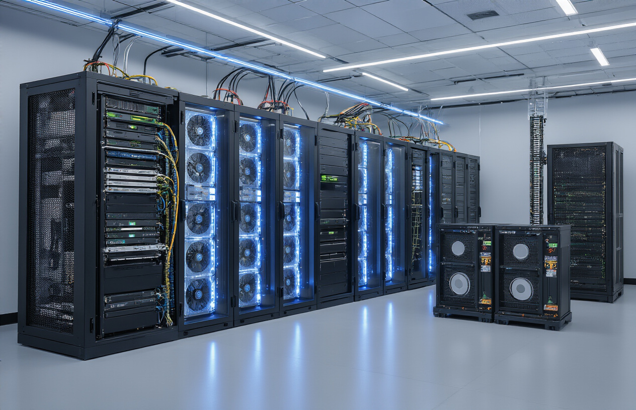 Create a realistic image of modern data center AI infrastructure components including server racks with GPUs, cooling systems, fiber optic cables, and networking equipment arranged in a clean, well-lit facility with blue LED accent lighting, featuring sleek black server cabinets with visible circuit boards and processors, industrial cooling units, and organized cable management systems against a neutral gray floor and white ceiling background. Absolutely NO text should be in the scene.