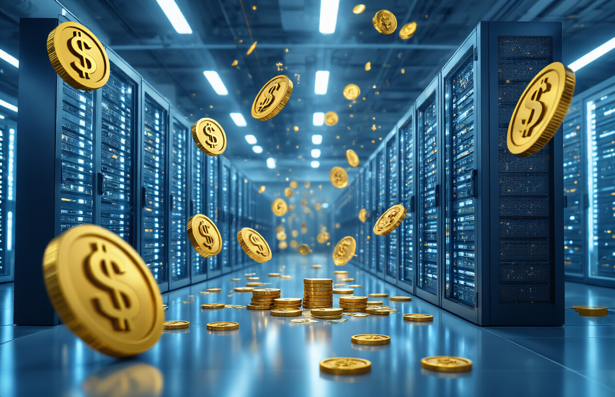 Create a realistic image of a modern data center facility with servers and computing equipment in the background, with floating golden dollar signs and coins symbolizing financial benefits, tax credit symbols represented by percentage signs in gold, and money flow illustrations showing cash flowing toward the data center infrastructure, professional lighting highlighting the technological equipment, clean corporate atmosphere with blue and silver color scheme, absolutely NO text should be in the scene.