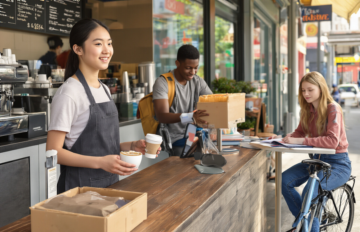 Create a realistic image of a diverse group of teenagers working in different part-time job settings, showing an Asian female teenager serving coffee at a cafe counter, a Black male teenager delivering food on a bicycle, and a White female teenager tutoring a younger child at a desk, with modern urban background elements like storefronts and digital devices, bright natural lighting creating an optimistic and productive atmosphere, absolutely NO text should be in the scene.