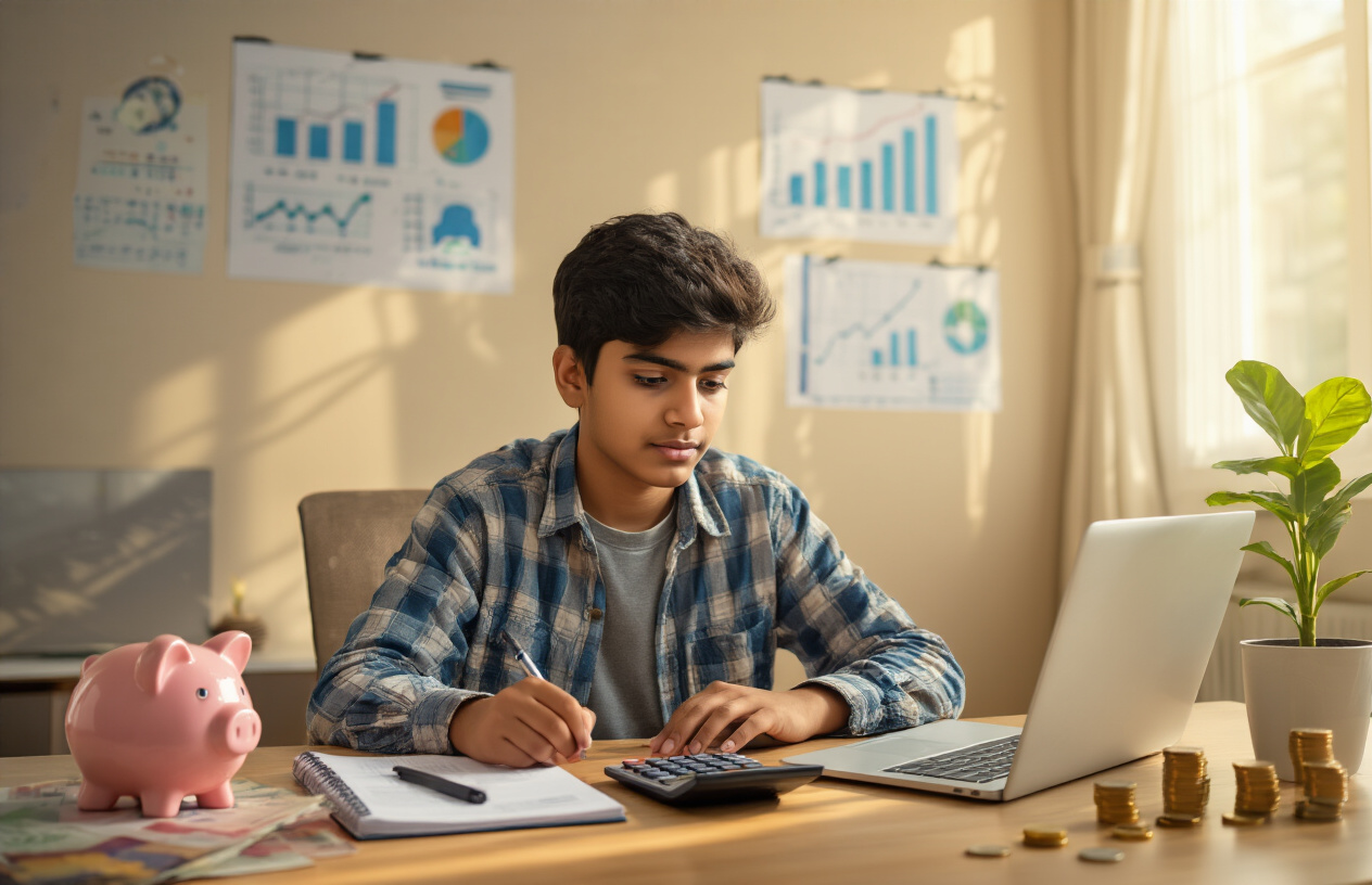 Create a realistic image of a young Indian male teenager sitting at a desk with a laptop, calculator, and notebook, surrounded by financial elements like piggy bank, coins, small plant representing growth, and investment charts on wall, in a well-lit bedroom with warm natural lighting, showing focused concentration while learning about money management, absolutely NO text should be in the scene.