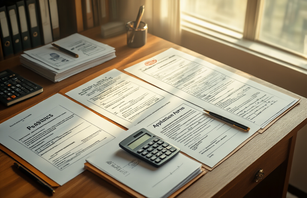 Create a realistic image of a Pakistani student's desk with essential documents and materials spread out, including academic certificates, transcripts, application forms, identification documents, and educational prerequisites neatly arranged on a wooden desk surface, with a calculator, pen, and official stamp visible, set against a clean office or study room background with warm natural lighting from a window, conveying an organized and professional academic preparation atmosphere, absolutely NO text should be in the scene.