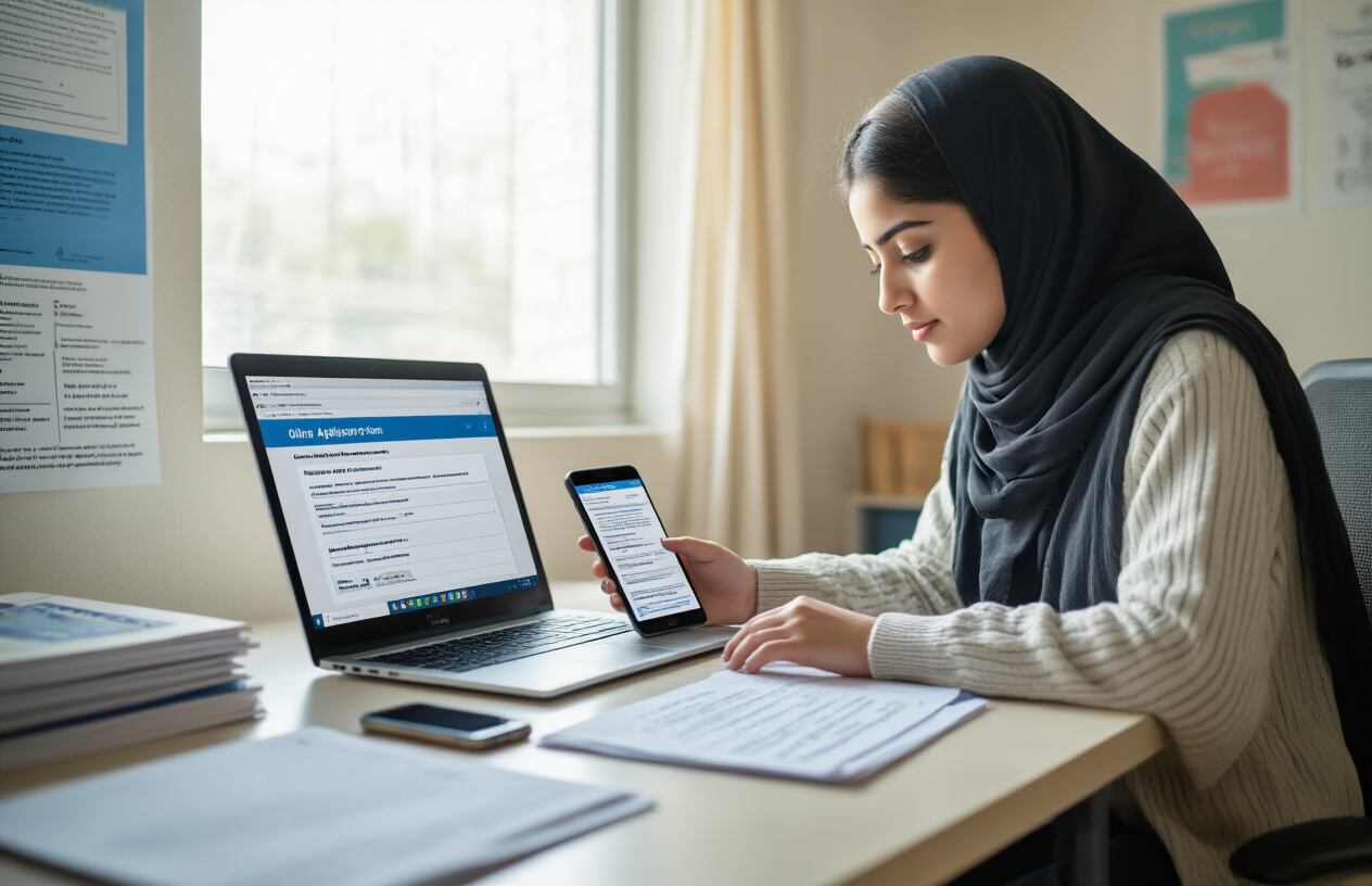 Create a realistic image of a Pakistani student sitting at a clean desk with laptop open showing an online application form, surrounded by organized documents including educational certificates and ID card, with a smartphone nearby displaying step-by-step instructions, bright natural lighting from window, modern indoor setting with educational posters on wall in background, focused and determined mood, absolutely NO text should be in the scene.