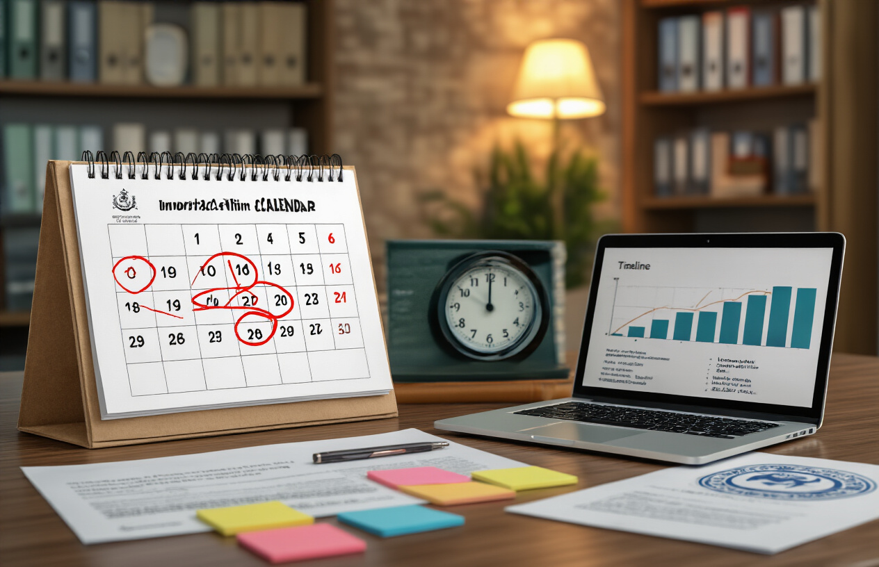 Create a realistic image of a modern office desk with an open academic calendar showing important dates circled in red, a digital clock displaying time, official admission forms and documents scattered on the desk, a Pakistani educational board logo visible on letterhead, a laptop screen showing a timeline interface, colorful sticky notes with deadline reminders, and a professional workspace environment with warm lighting, absolutely NO text should be in the scene.