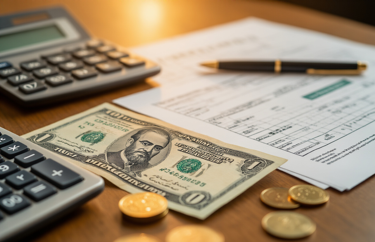 Create a realistic image of Pakistani rupee banknotes and coins scattered on a wooden desk surface alongside a calculator, a pen, and official-looking documents with financial tables and forms, with a computer keyboard partially visible in the background, warm indoor lighting creating a professional educational administrative atmosphere, absolutely NO text should be in the scene.