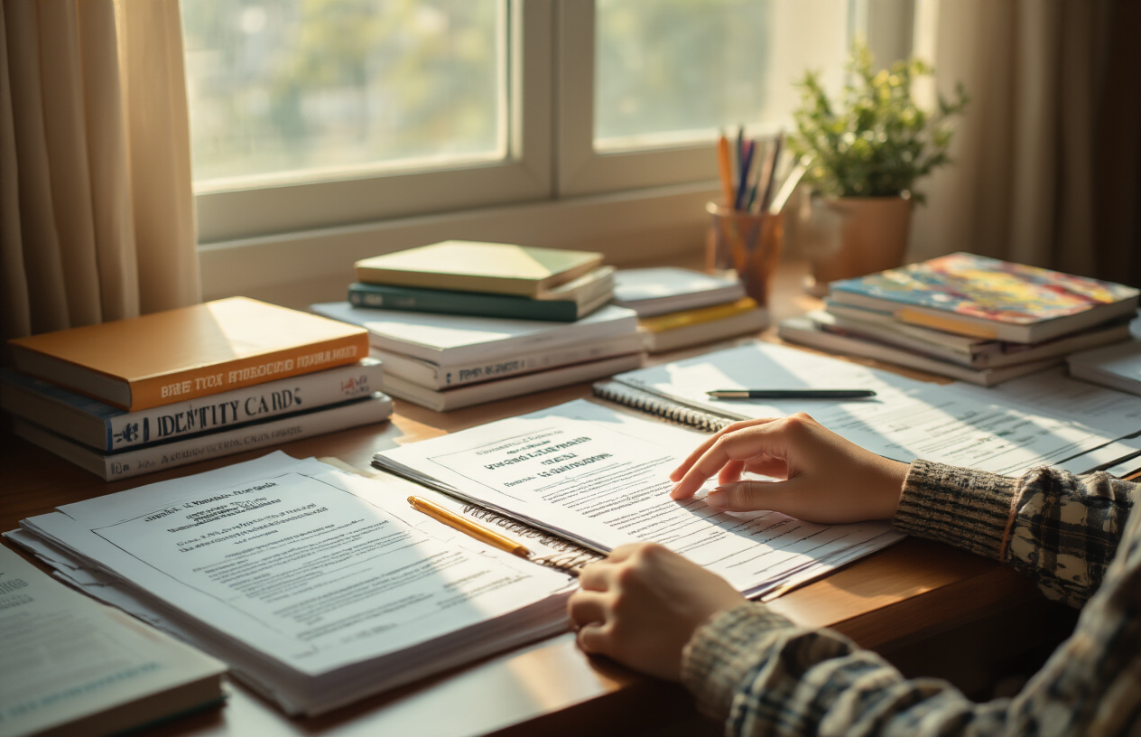Create a realistic image of a clean, organized desk surface with neatly arranged educational documents including certificates, identity cards, and application forms spread out alongside study materials like textbooks, notebooks, and pens, with a Pakistani student's hands visible arranging the papers, set against a bright, well-lit indoor study environment with warm natural lighting from a window, conveying a sense of preparation and organization for academic applications, absolutely NO text should be in the scene.