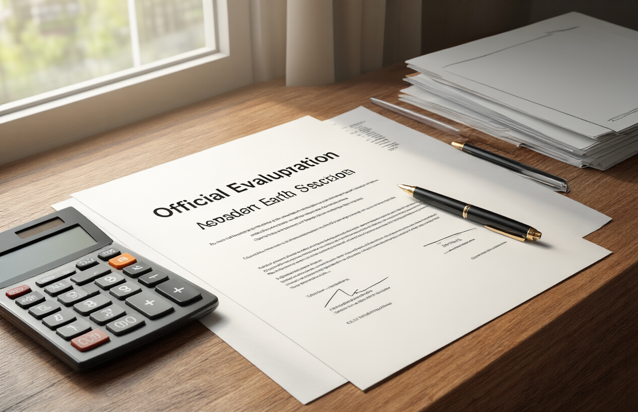 Create a realistic image of an official academic document or certificate lying on a wooden desk surface with a calculator, pen, and some academic files nearby, showing organized paperwork that represents educational evaluation and student selection processes, with soft natural lighting from a window creating a professional administrative office atmosphere, absolutely NO text should be in the scene.