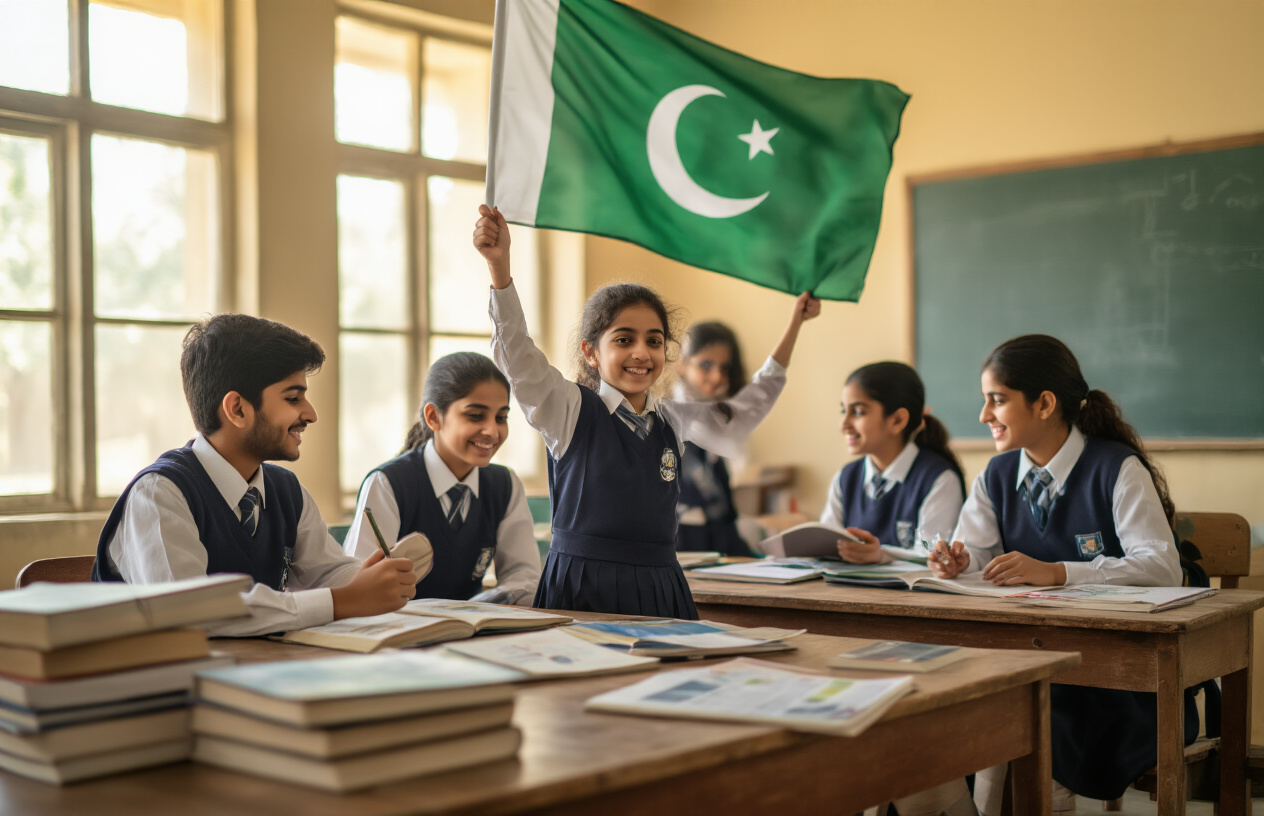 Create a realistic image of Pakistani students in school uniforms celebrating academic success, with books and educational materials scattered on a wooden desk, a Pakistani flag visible in the background, warm natural lighting streaming through classroom windows, creating an atmosphere of achievement and educational accomplishment, absolutely NO text should be in the scene.