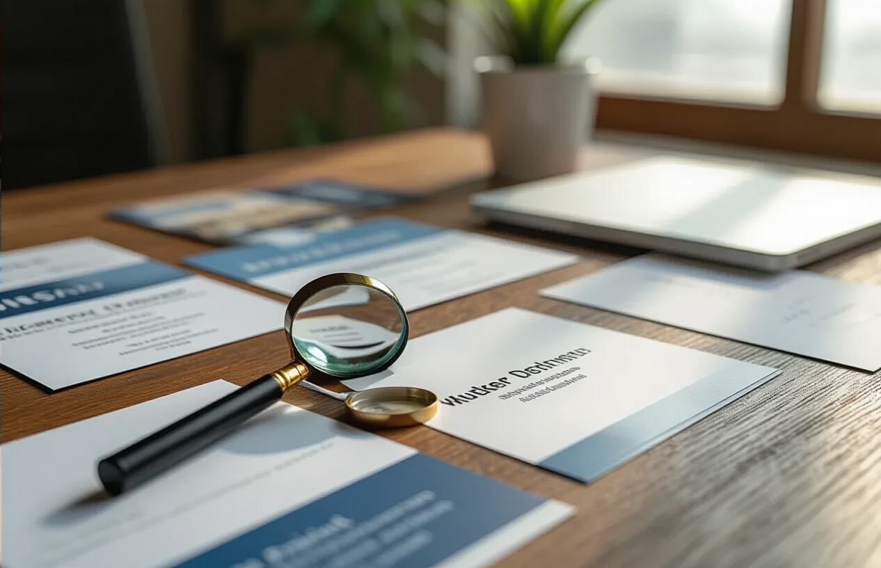 Create a realistic image of a close-up view of various marketing materials spread across a wooden desk surface, including business cards, brochures, flyers, and promotional banners that clearly display copied brand logos and company names, with a magnifying glass positioned over one of the materials to emphasize inspection and detection, soft natural lighting from a window creating subtle shadows, professional office environment in the background slightly blurred, mood conveying concern and investigation of trademark infringement, absolutely NO text should be in the scene.