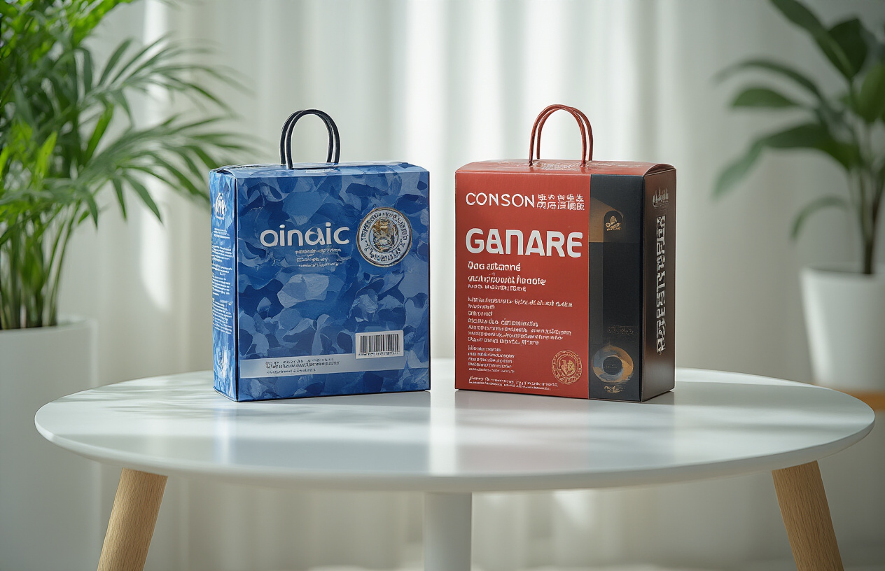 Create a realistic image of two identical consumer products side by side on a white table, one genuine branded item and one counterfeit copycat version, with subtle differences in packaging quality and logo placement, shot in clean studio lighting with a neutral background, focusing on the comparison between authentic and fake merchandise, absolutely NO text should be in the scene.