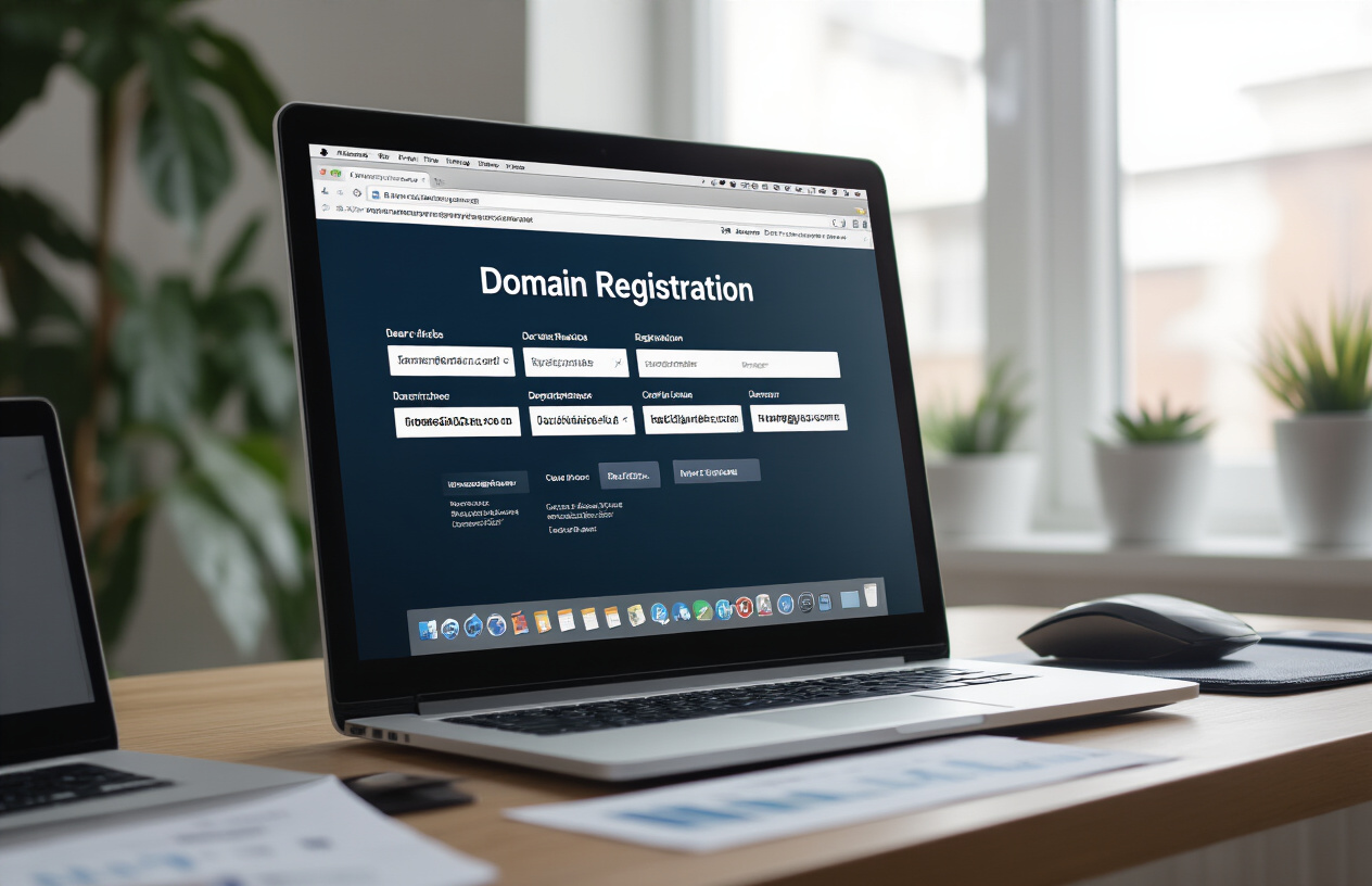 Create a realistic image of a computer screen displaying a domain registration website interface with multiple domain names that appear similar to a well-known brand trademark, showing search results or registration forms for domain variations, with a clean modern office desk setup including a laptop, computer mouse, and some business documents scattered nearby, professional lighting from a window, conveying a sense of digital trademark infringement concerns, absolutely NO text should be in the scene.