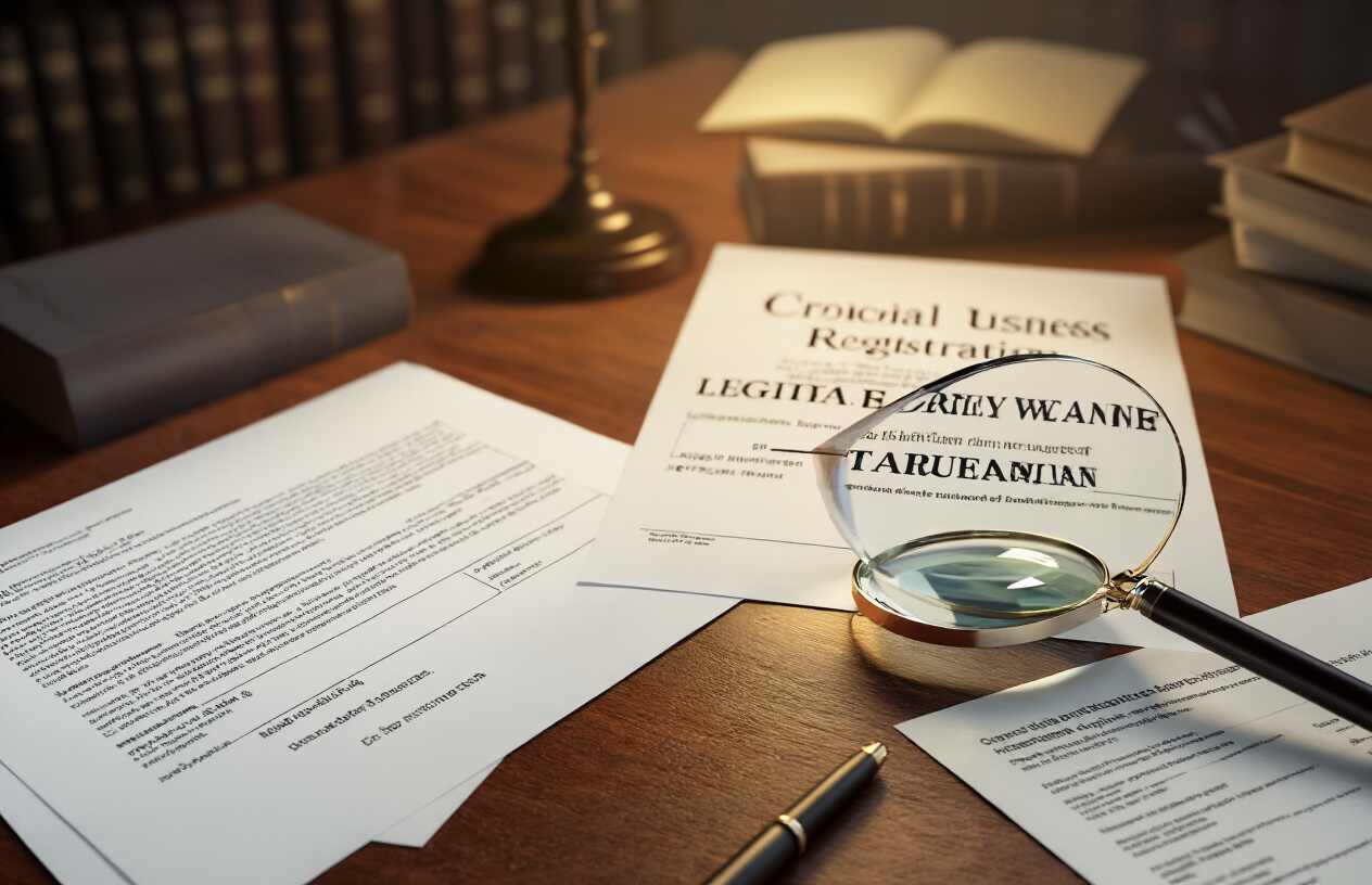 Create a realistic image of two official business registration documents side by side on a wooden office desk, one showing a legitimate company name and the other displaying a suspiciously similar business name that appears to be copying a trademark, with a magnifying glass positioned over the suspicious document highlighting the similarities, surrounded by scattered legal papers and a pen, under warm office lighting with a blurred background of law books on shelves, conveying a serious investigative mood about trademark infringement through business registrations, absolutely NO text should be in the scene.