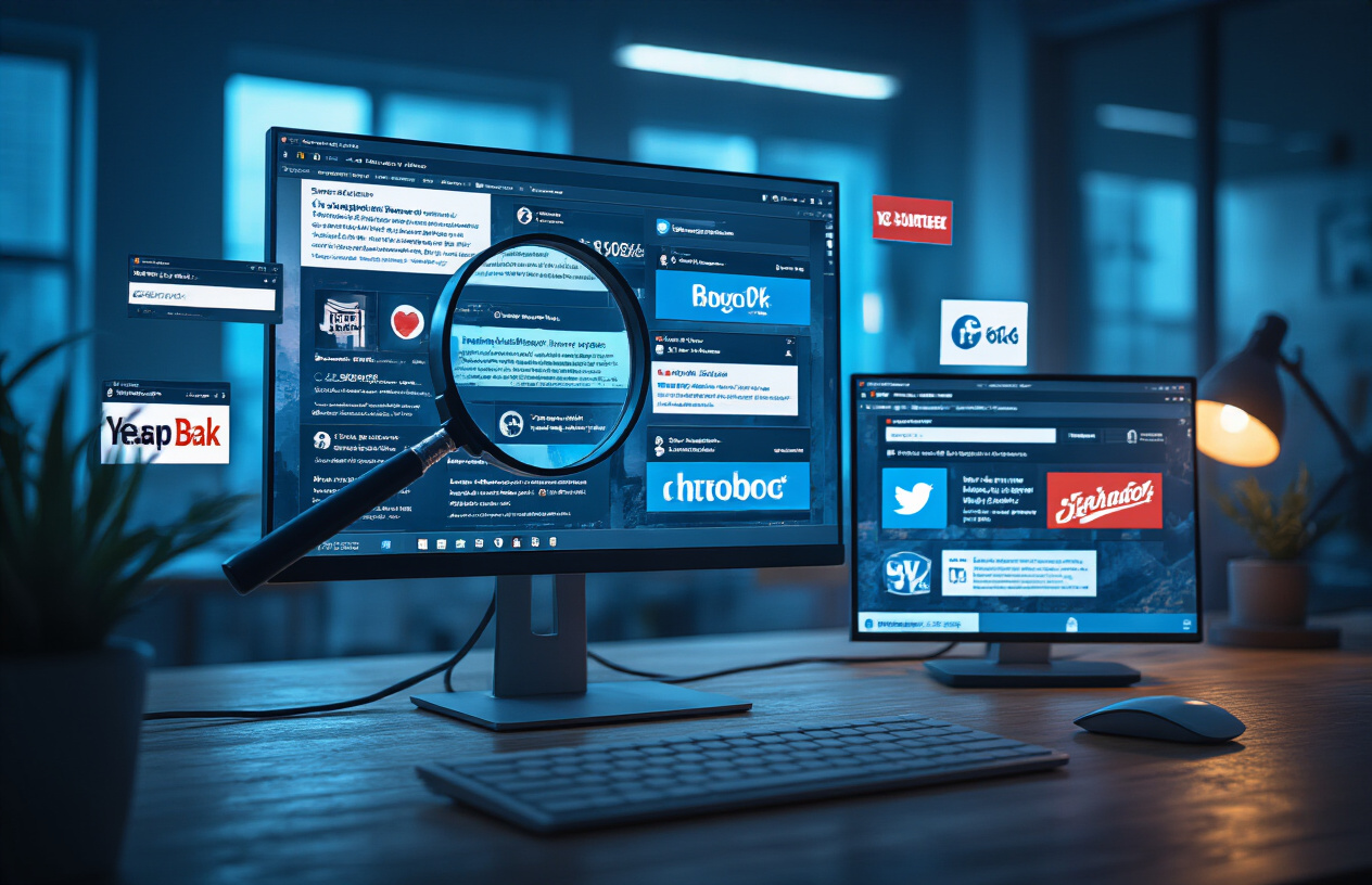 Create a realistic image of a computer screen displaying multiple browser tabs and windows showing duplicated website content, fake social media profiles, and manipulated search results, with a magnifying glass hovering over trademark symbols and brand logos being misused across different digital platforms, set in a dimly lit office environment with blue screen glow illuminating the scene, absolutely NO text should be in the scene.