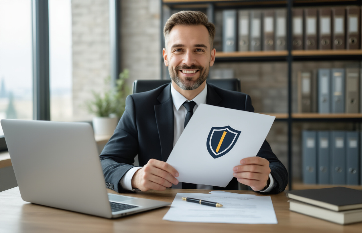 Create a realistic image of a professional white male business owner in a suit sitting at a modern office desk with a confident, relieved expression, holding official trademark documents in his hands, with a laptop displaying a shield icon on the screen, surrounded by legal books and filing cabinets in a well-lit contemporary office setting with natural lighting from large windows, conveying a sense of protection and legal security. Absolutely NO text should be in the scene.
