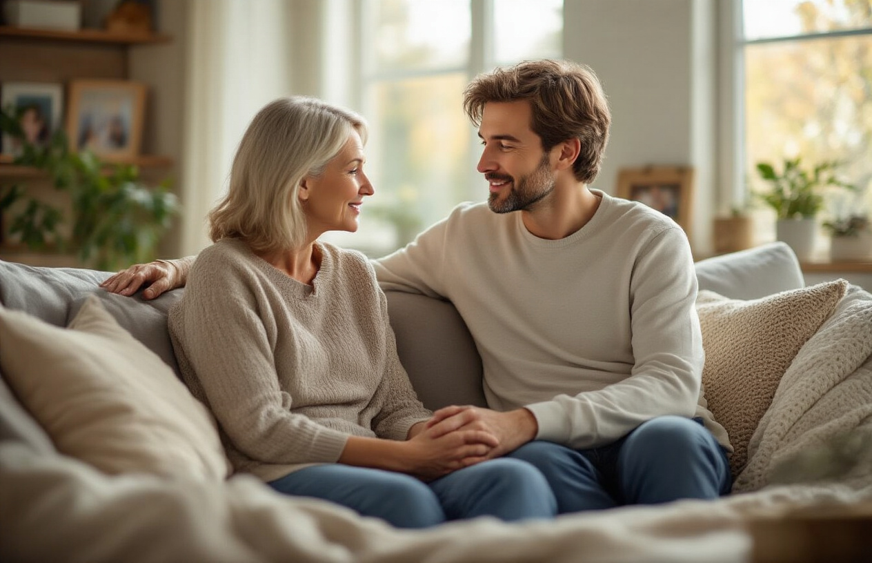 Create a realistic image of a middle-aged white female parent and young adult white male sitting together on a comfortable couch in a cozy living room, both facing each other with gentle, understanding expressions, the mother leaning slightly forward with open body language showing active listening, warm natural lighting coming through nearby windows, soft neutral tones in the room with pillows and blankets creating a welcoming atmosphere, plants and family photos visible in the background, conveying emotional support and open communication, absolutely NO text should be in the scene.