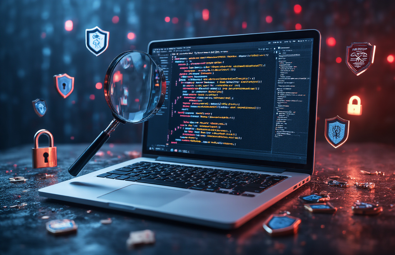 Create a realistic image of a computer security vulnerability concept showing a laptop screen displaying code with JWT tokens and security warnings, a magnifying glass highlighting vulnerable code sections, scattered digital security icons including broken locks and warning shields floating around the screen, dark cybersecurity-themed background with subtle blue and red warning lights, moody lighting emphasizing the serious nature of security threats, absolutely NO text should be in the scene.