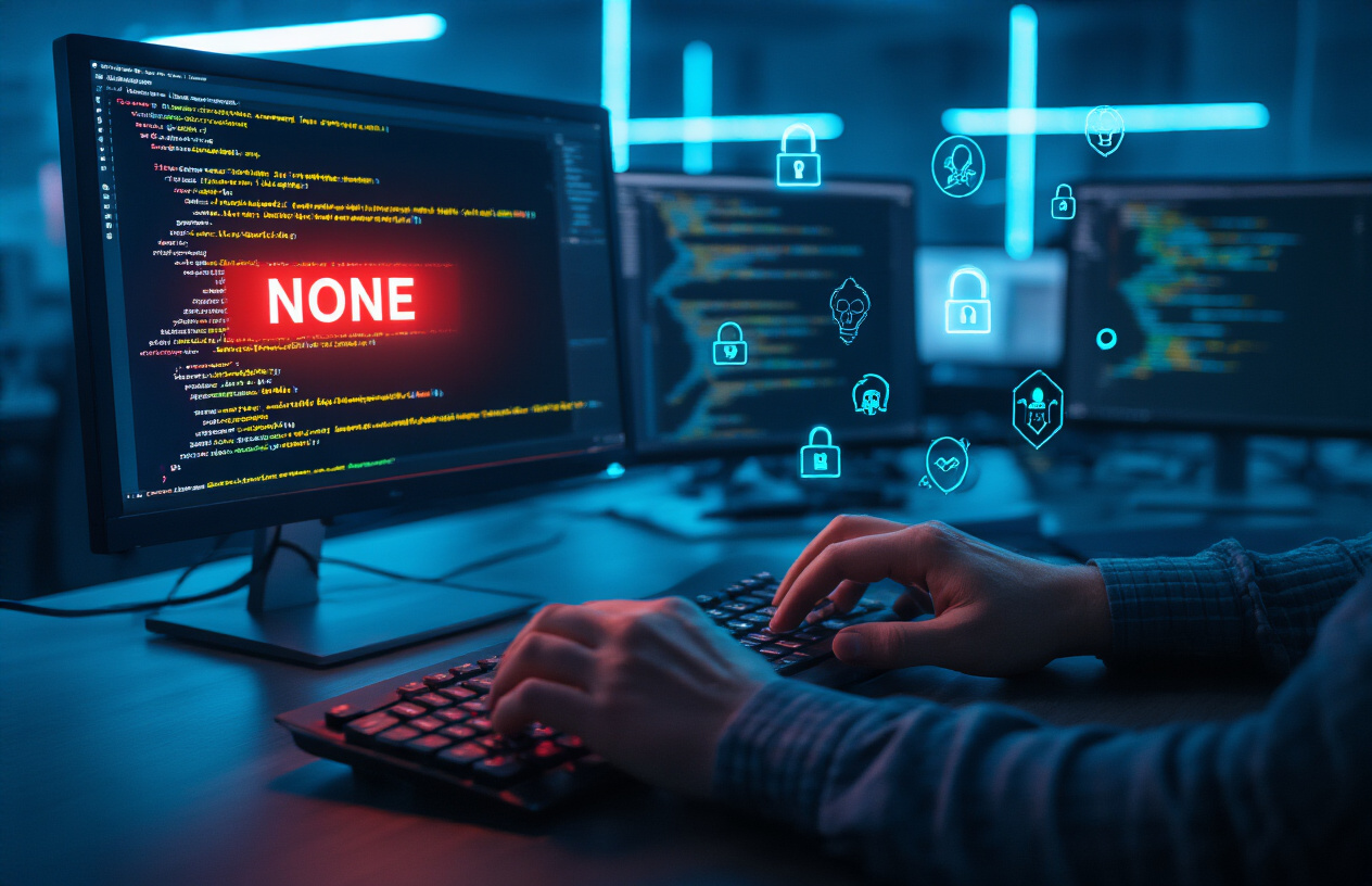 Create a realistic image of a computer screen displaying code with a JWT token structure where the algorithm field shows "none" highlighted in red, a cybersecurity expert's hands typing on a keyboard with multiple security warning icons floating around the screen, dark modern office environment with blue-tinted lighting from monitors, the scene conveys a sense of digital vulnerability and hacking attempts, absolutely NO text should be in the scene.