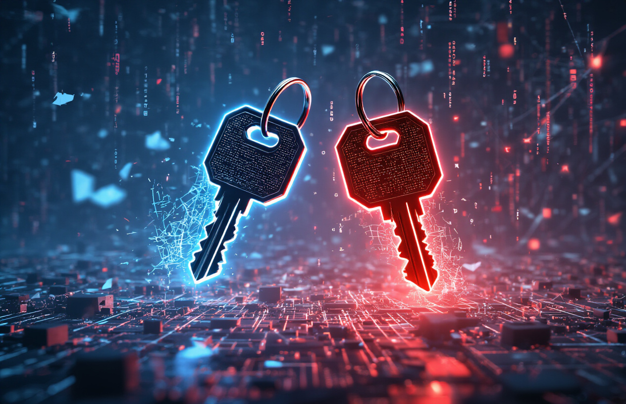 Create a realistic image of two mismatched digital keys floating in a dark cyber environment, one key glowing blue and another glowing red, with fragmented code symbols and algorithm patterns swirling around them in a chaotic manner, set against a backdrop of interconnected network nodes and data streams, conveying a sense of confusion and security vulnerability, with dramatic lighting highlighting the contrast between the keys, absolutely NO text should be in the scene.