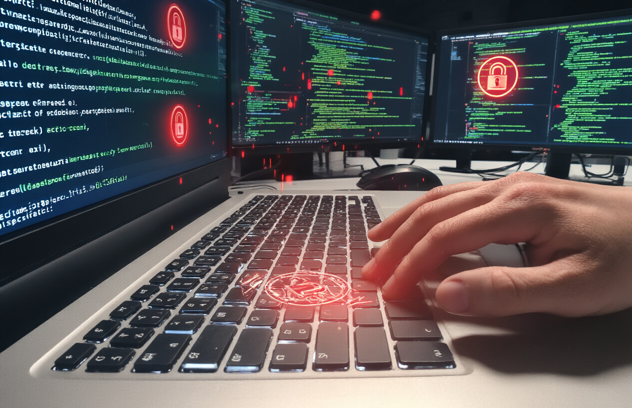 Create a realistic image of a close-up view of a computer screen displaying code or data with a hand hovering over a keyboard, showing someone manipulating digital security tokens, with glowing red warning indicators and security breach symbols on the screen, set in a dimly lit cybersecurity workspace with multiple monitors in the background, creating a tense atmosphere of unauthorized system access and data manipulation, absolutely NO text should be in the scene.