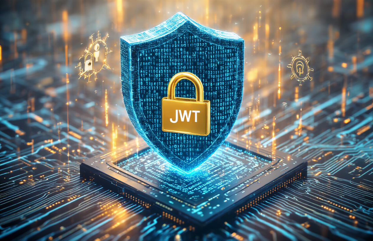 Create a realistic image of a secure digital fortress or shield made of glowing blue code and encryption patterns protecting a central golden JWT token, with multiple layers of defensive barriers including firewalls represented as translucent energy walls, security locks, and authentication symbols floating around the protected token, set against a dark cybersecurity-themed background with subtle circuit board patterns, dramatic lighting highlighting the protective elements while casting shadows that suggest blocked attack vectors, conveying strength and impenetrable security, absolutely NO text should be in the scene.