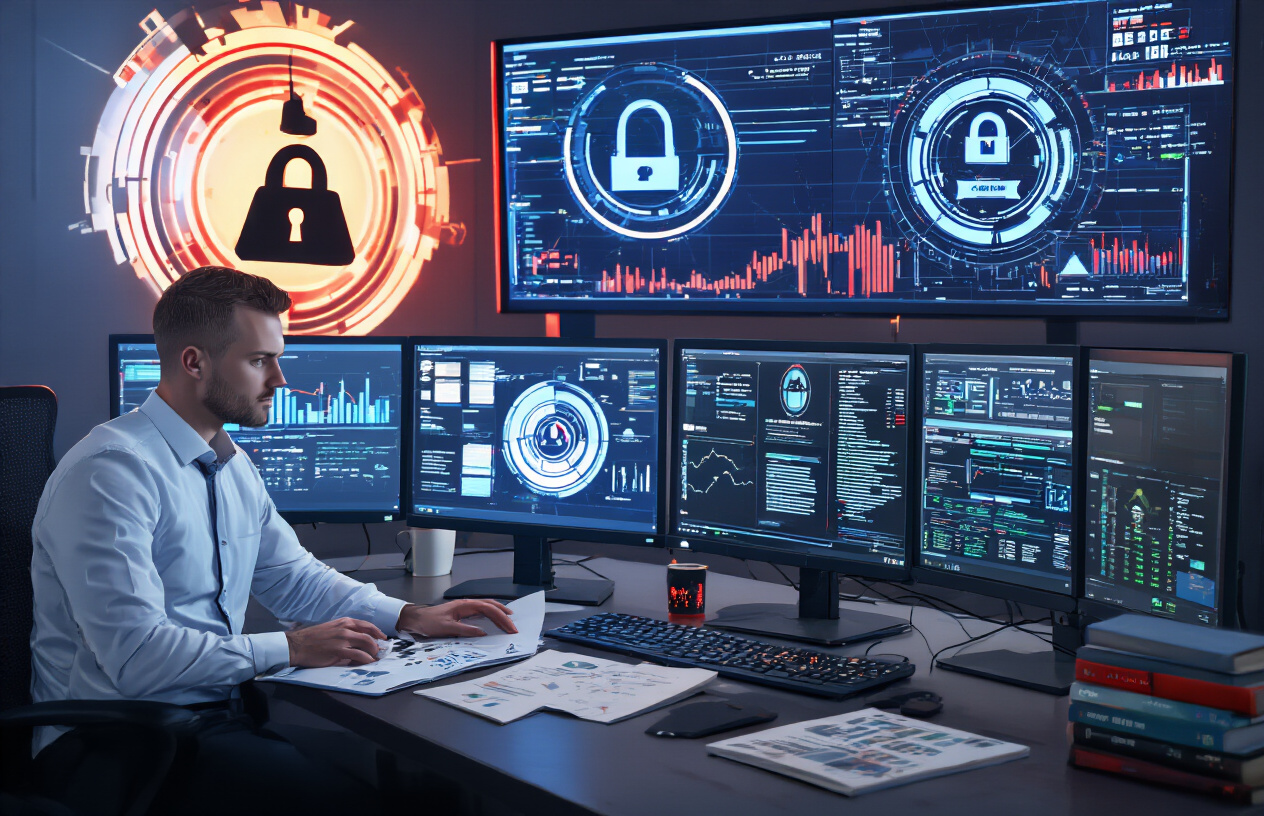 Create a realistic image of a dark cybersecurity workspace with multiple computer monitors displaying security dashboard interfaces, glowing warning symbols, and vulnerability alerts, featuring a professional white male cybersecurity analyst in business attire reviewing security reports, surrounded by cybersecurity books and technical documentation, with ambient blue and red lighting from the screens creating a serious technological atmosphere, absolutely NO text should be in the scene.