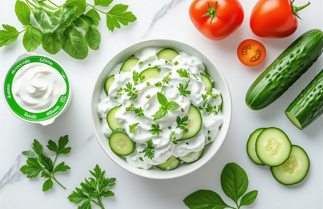 Create a realistic image of a vibrant bowl of creamy Greek yogurt cucumber salad surrounded by fresh ingredients like whole cucumbers, Greek yogurt containers, fresh herbs, and colorful vegetables, with nutritional symbols subtly incorporated through natural elements like leafy greens and wholesome ingredients arranged on a clean white marble countertop, bright natural lighting streaming from above creating a fresh and healthy atmosphere that emphasizes the superfood qualities of the dish, absolutely NO text should be in the scene.
