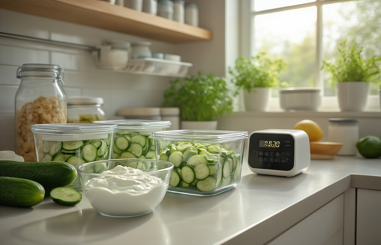 Create a realistic image of a modern kitchen scene featuring glass containers and bowls with prepared Greek yogurt cucumber salad stored in a refrigerator, meal prep containers on a clean counter, a digital timer showing prep time, fresh ingredients like cucumbers and yogurt containers arranged nearby, bright natural lighting from a window, clean organized kitchen environment with storage containers and labels, conveying efficiency and meal planning preparation, absolutely NO text should be in the scene.