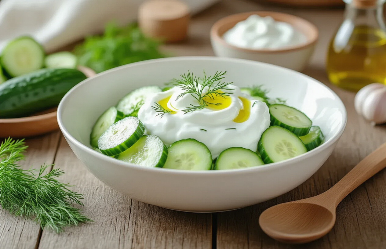 Create a realistic image of a beautifully styled creamy Greek yogurt cucumber salad served in an elegant white ceramic bowl on a rustic wooden table, garnished with fresh dill sprigs and a drizzle of olive oil, surrounded by complementary ingredients including sliced cucumbers, a small bowl of Greek yogurt, fresh herbs, and a wooden serving spoon, with soft natural lighting creating gentle shadows and highlighting the creamy texture of the salad, set against a clean kitchen background with subtle cooking elements visible in the soft-focused background, conveying a sense of completion and satisfaction after preparing this refreshing dish, absolutely NO text should be in the scene.