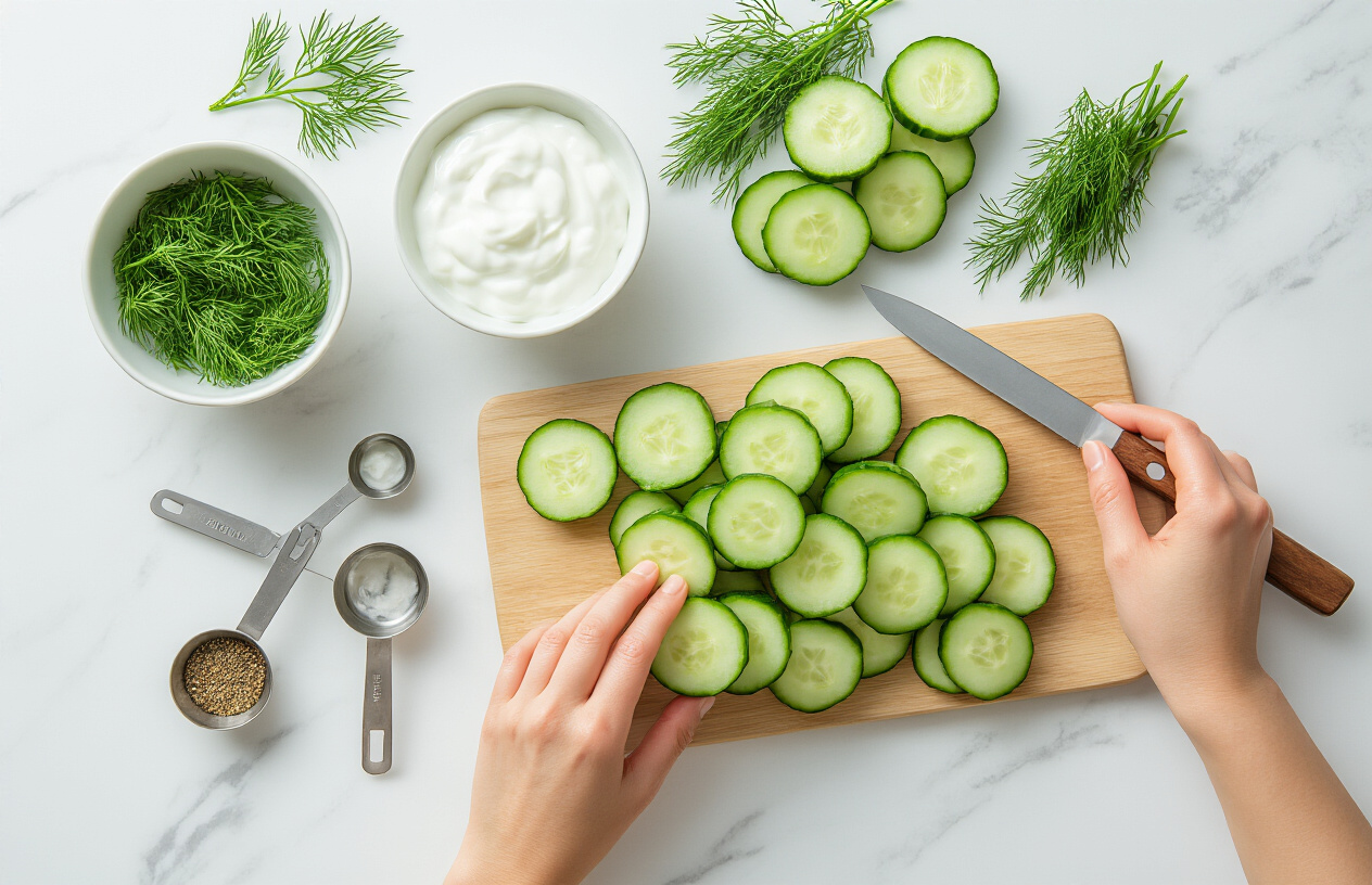 Create a realistic image of hands preparing cucumber salad ingredients on a clean white marble countertop, showing precisely sliced cucumbers arranged in neat rows, a bowl of creamy Greek yogurt, fresh dill sprigs, measuring spoons with seasonings, a sharp knife, and a wooden cutting board, captured from an overhead angle with bright natural lighting creating soft shadows, displaying professional culinary technique and organization, absolutely NO text should be in the scene.